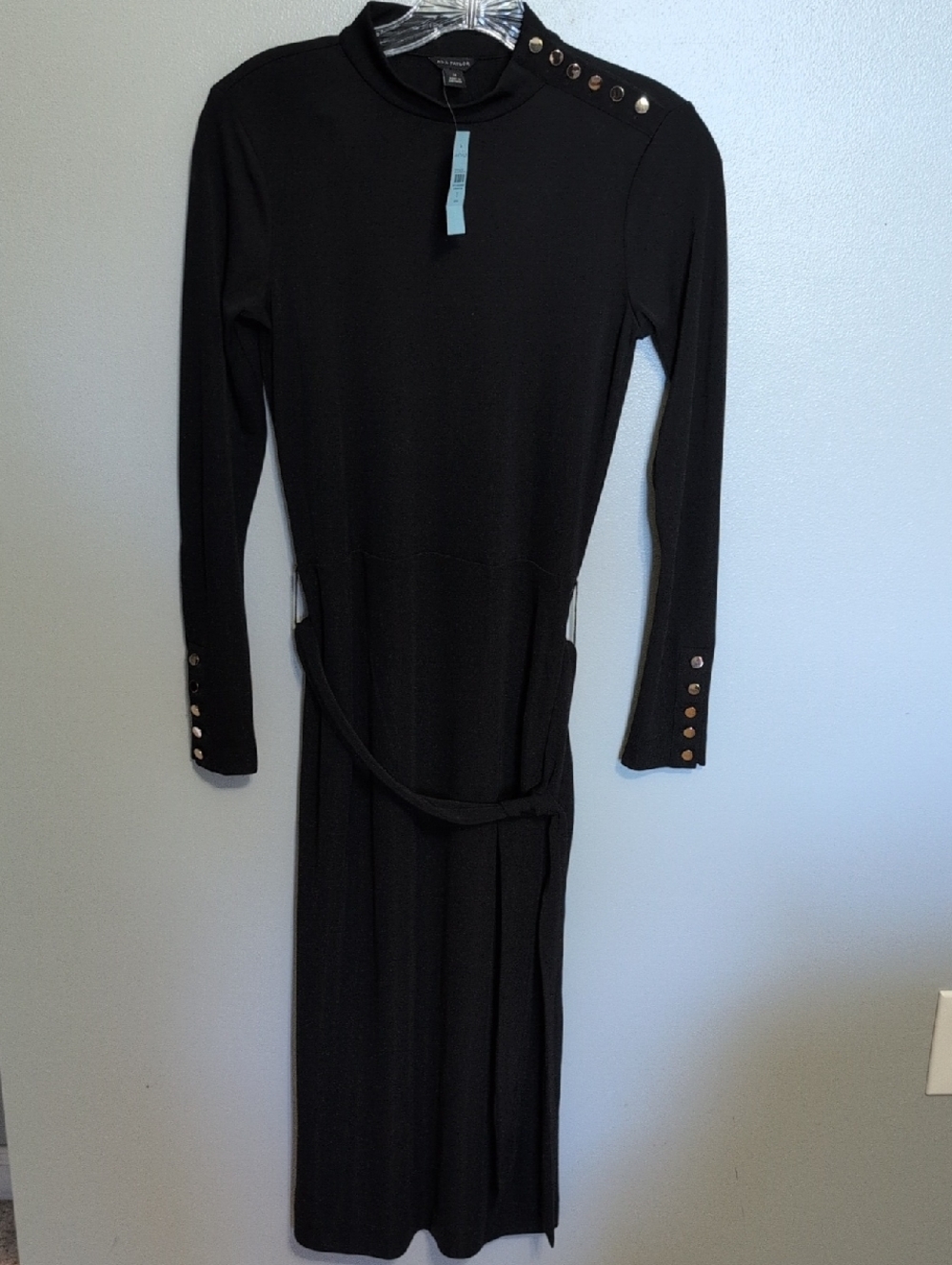 NWTs ANN TAYLOR Mock Neck Belted Column Knit Midi Dress In Black 2P